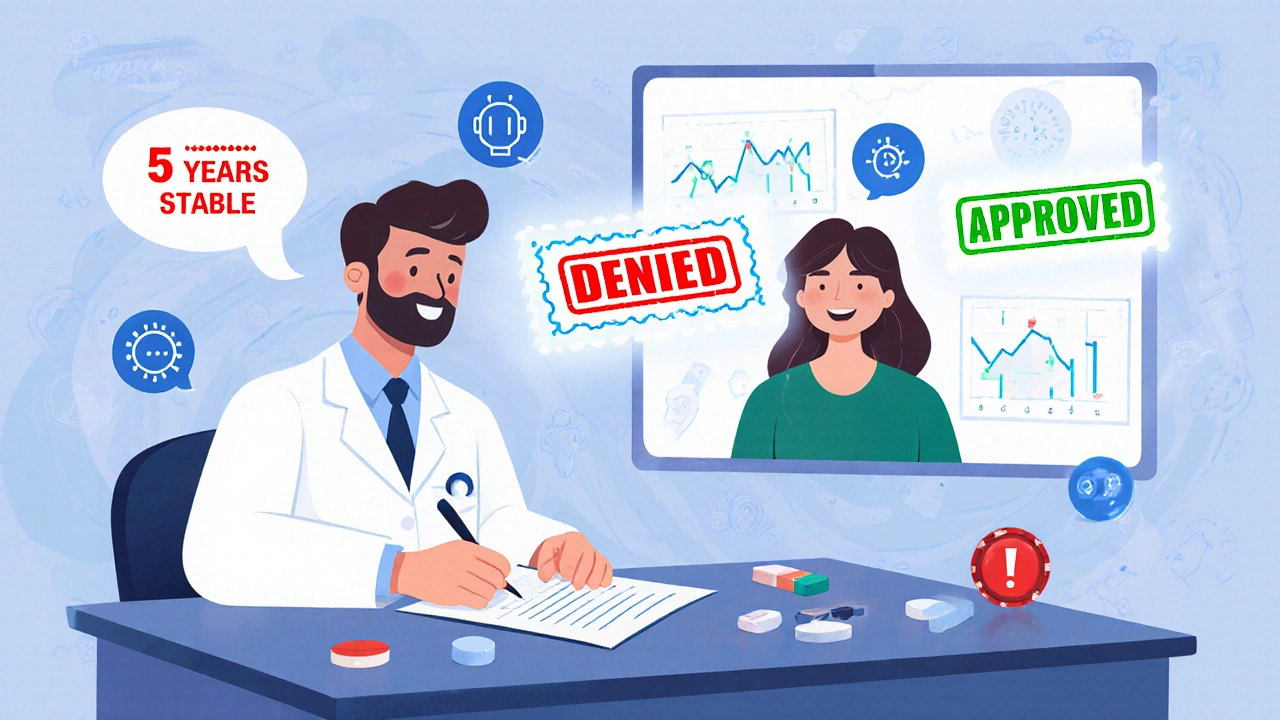 A doctor writing an exception letter as approval stamps appear above, with contrasting outcomes shown side by side.