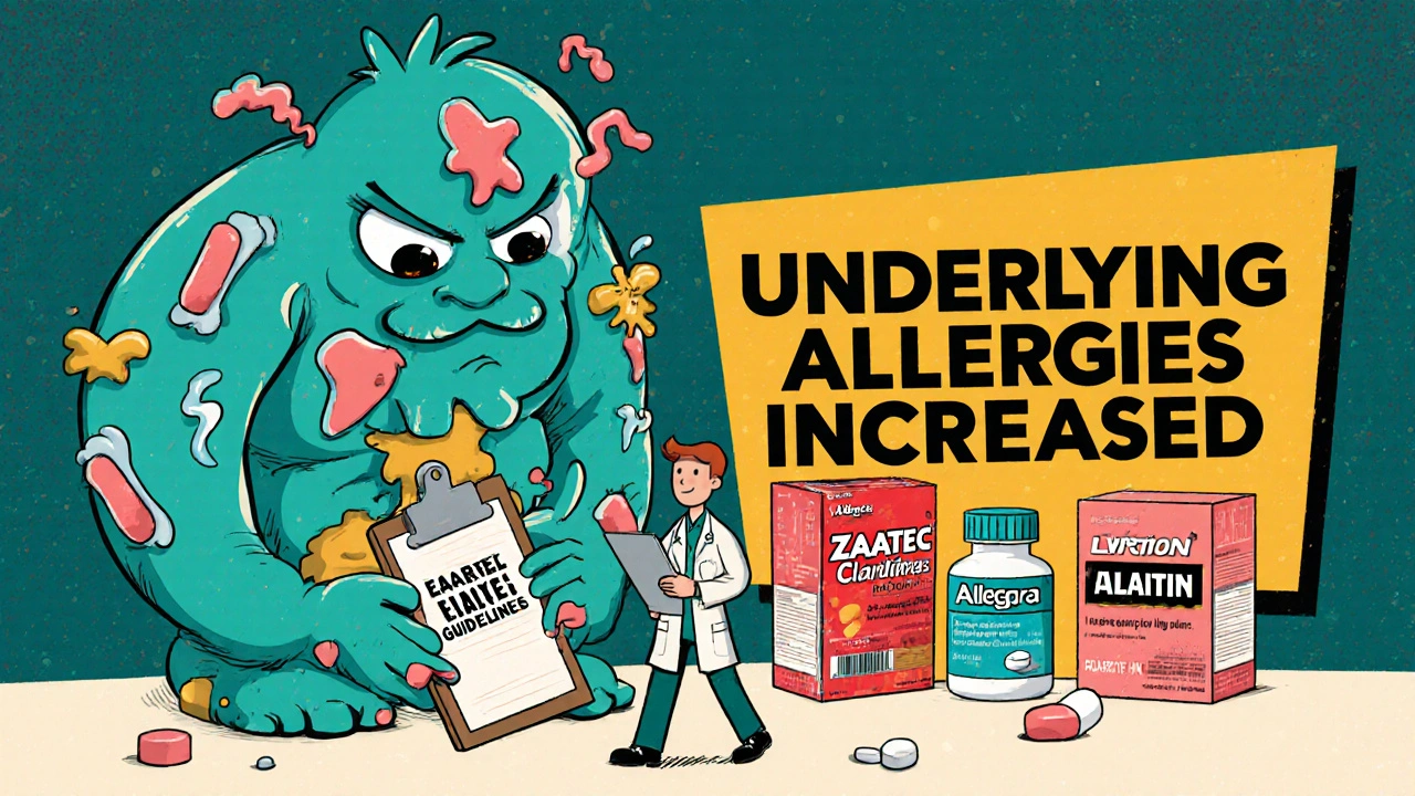 A giant allergy monster looms over discarded antihistamine pills, with a doctor holding guidelines, illustrating environmental causes over drug failure.