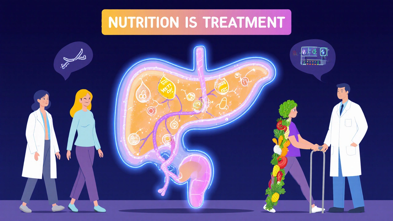 A medical team surrounds a healing pancreas with light pathways of enzymes and MCT oil, symbolizing holistic nutrition treatment.