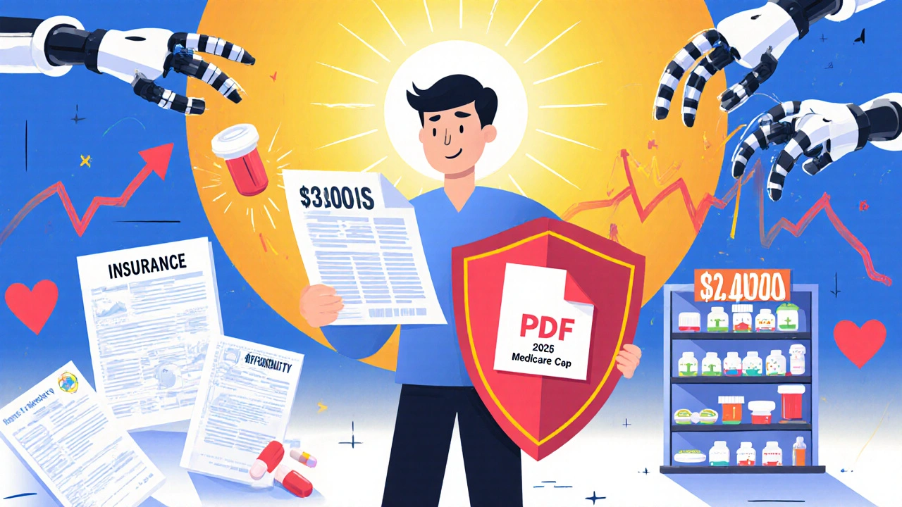 A patient holding a formulary PDF like a shield against rising drug prices and AI algorithms, with a 2025 cost cap glowing behind.
