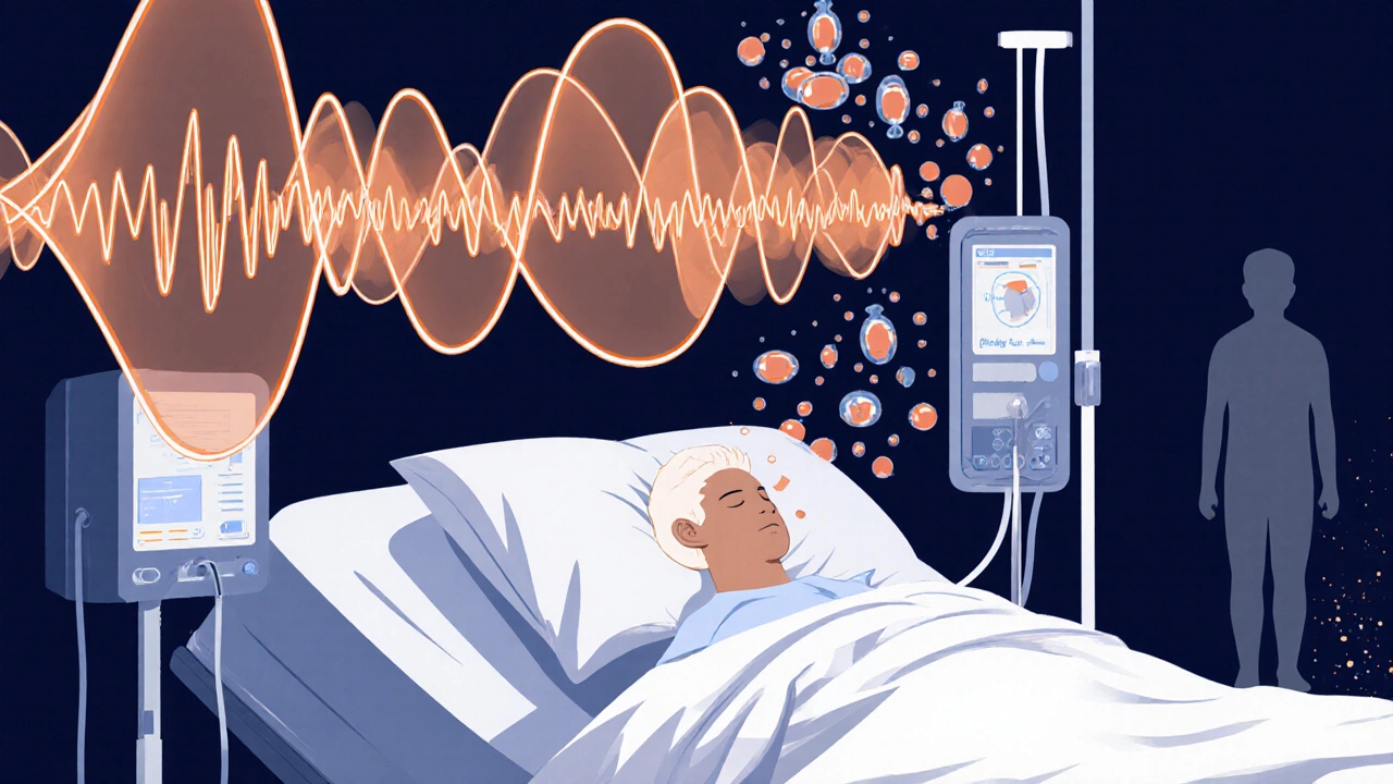 A patient in an ICU surrounded by overwhelming sound waves and ototoxic drug molecules drifting from an IV line.