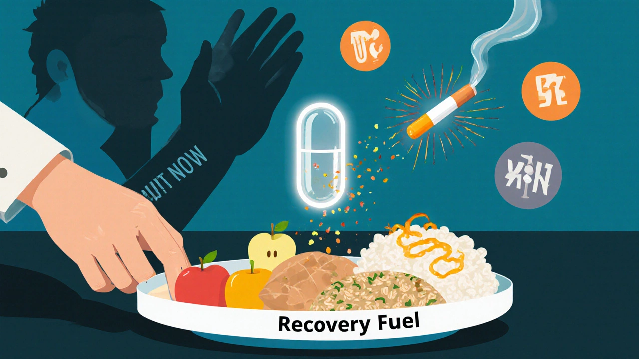 A person eating small, gentle meals with glowing enzyme pills releasing nutrients, while a cigarette fades away.