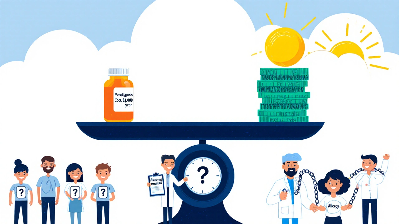 A scale balancing a penicillin pill against expensive antibiotics, with patients labeled &#039;Allergy&#039; and one breaking free.