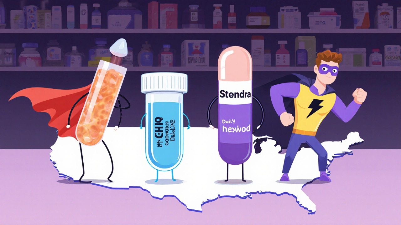 Cartoon comparison of four ED medication forms with distinct personalities on a pharmacy shelf.