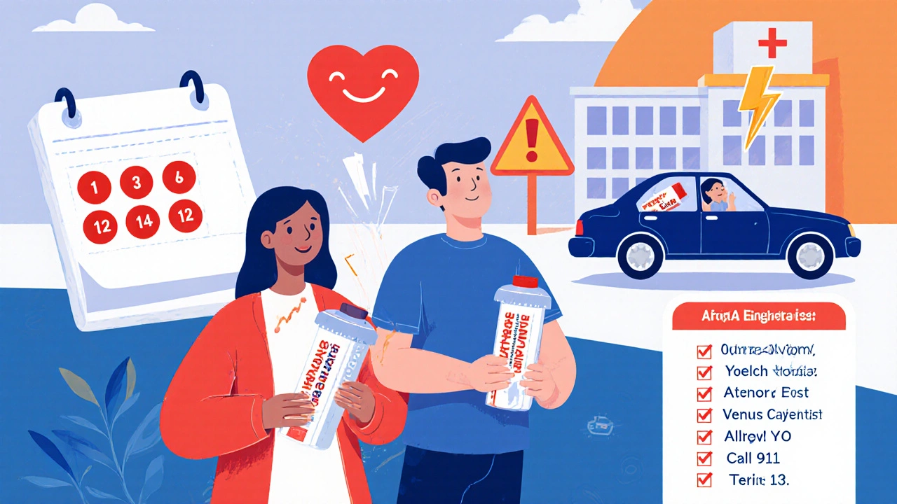 Family holding two epinephrine injectors with expiration calendar and hospital visible in background.