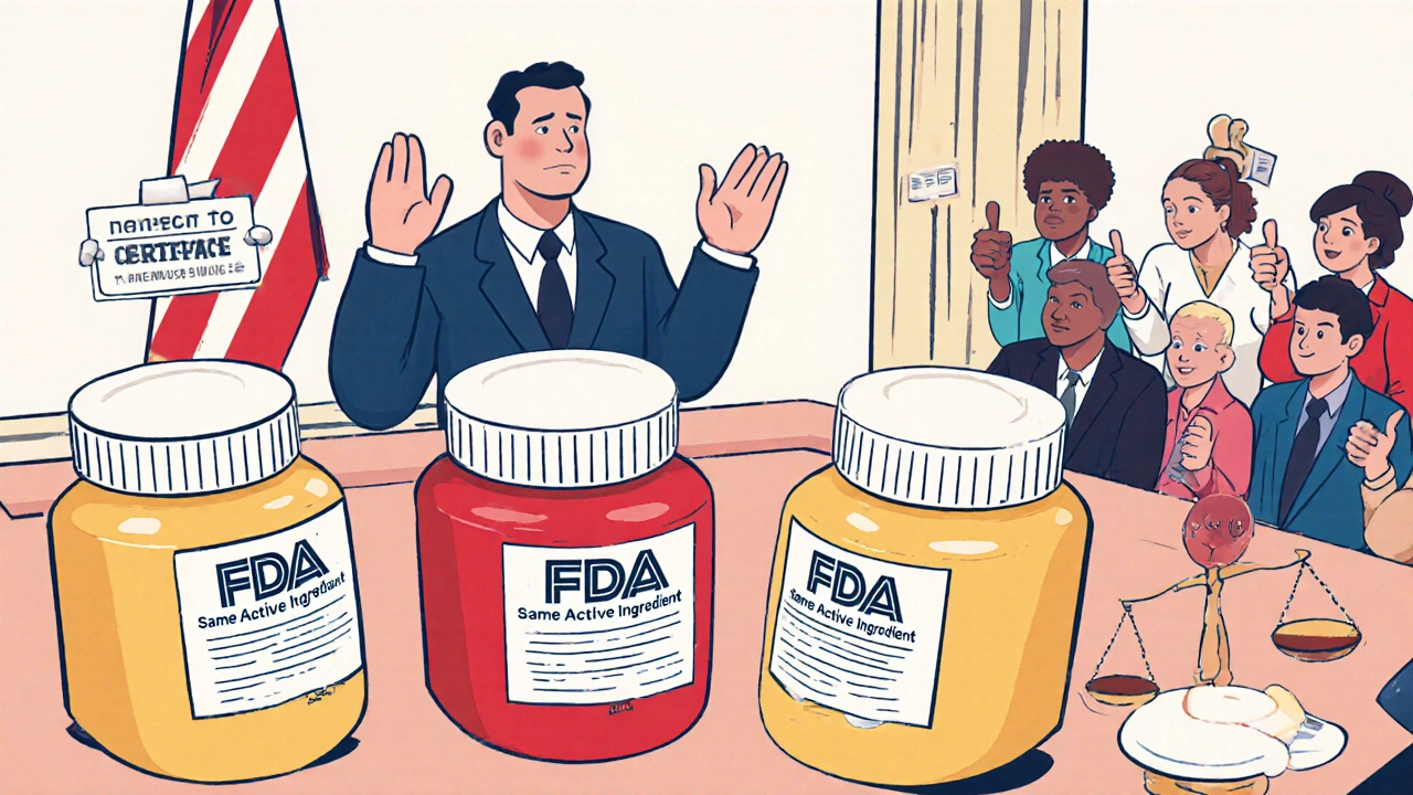 Generic pills on trial beside brand-name pills, judged by FDA-certified doctor, with patients cheering in support of cost-effective medicine.