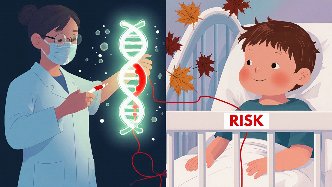Genetic mutation linked to a newborn receiving aminoglycosides, with dying hair cells falling like leaves in a symbolic split scene.
