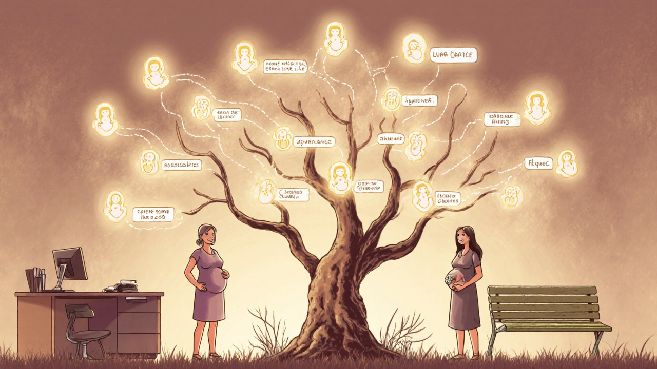 Glowing data streams from pregnant women flowing into a tree-like network of drug outcomes, with baby icons marking progress in pregnancy safety research.