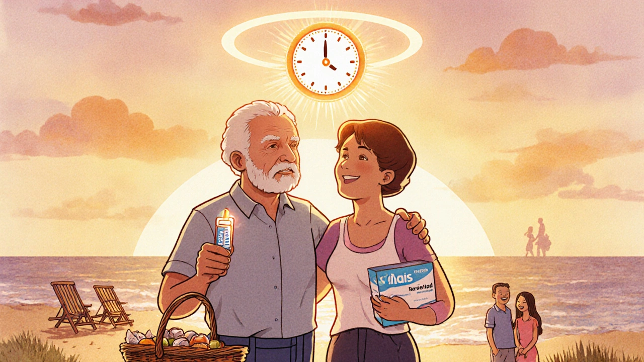 Middle-aged man enjoying a weekend picnic with a glowing 36-hour clock above him.