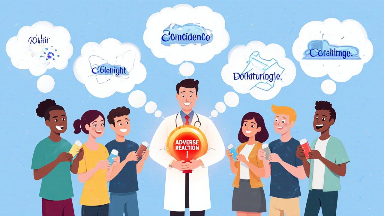 People with coincidence-related thoughts above their heads, while a doctor uses a diagnostic tool to identify a true adverse reaction.