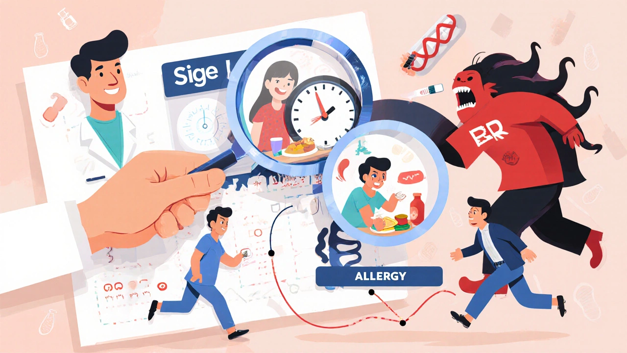Pharmacist examining a chart with two paths: one showing side effects fading, the other showing emergency allergy reaction.