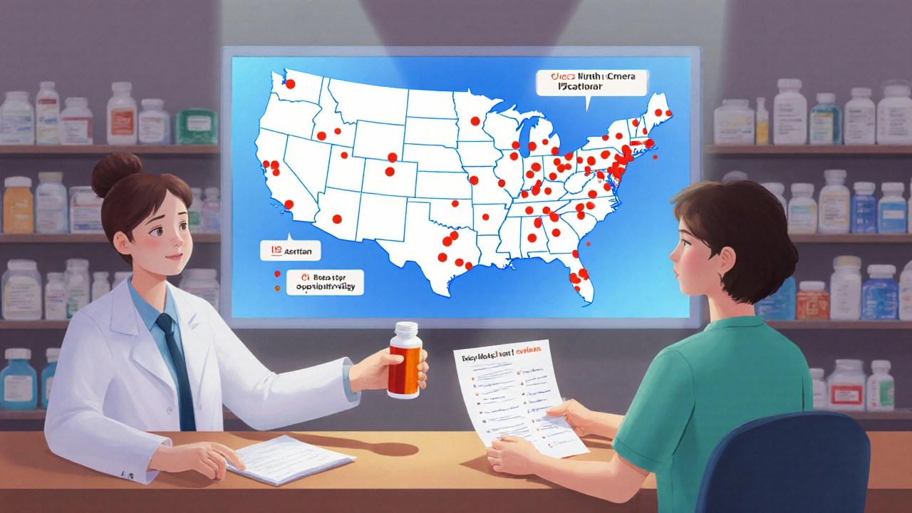Pharmacist handing a pill bottle to a patient while a glowing map displays reaction hotspots across the U.S.