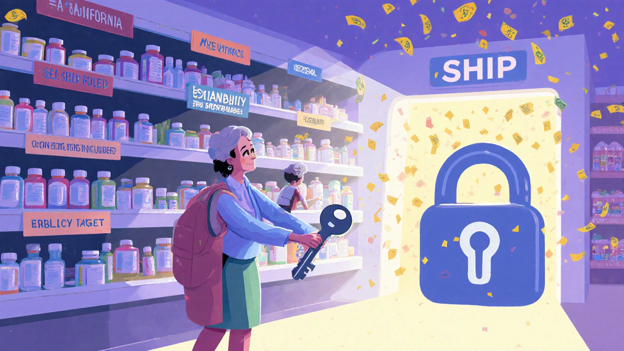 Pharmacy shelf with state-specific drug coverage labels and a person unlocking a ,000 cap lock.