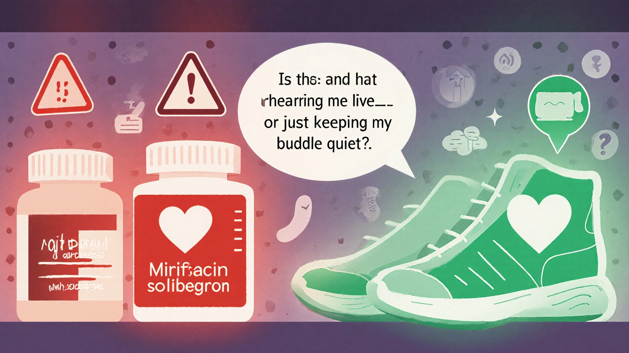 Pharmacy shelf with warning icons over darifenacin, green glow on mirabegron and exercise sneakers, patient&#039;s thought bubble visible.