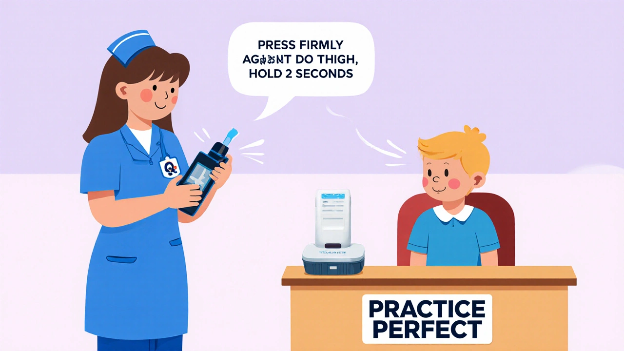 School nurse demonstrating voice-guided Auvi-Q injector use to a child in a classroom setting.