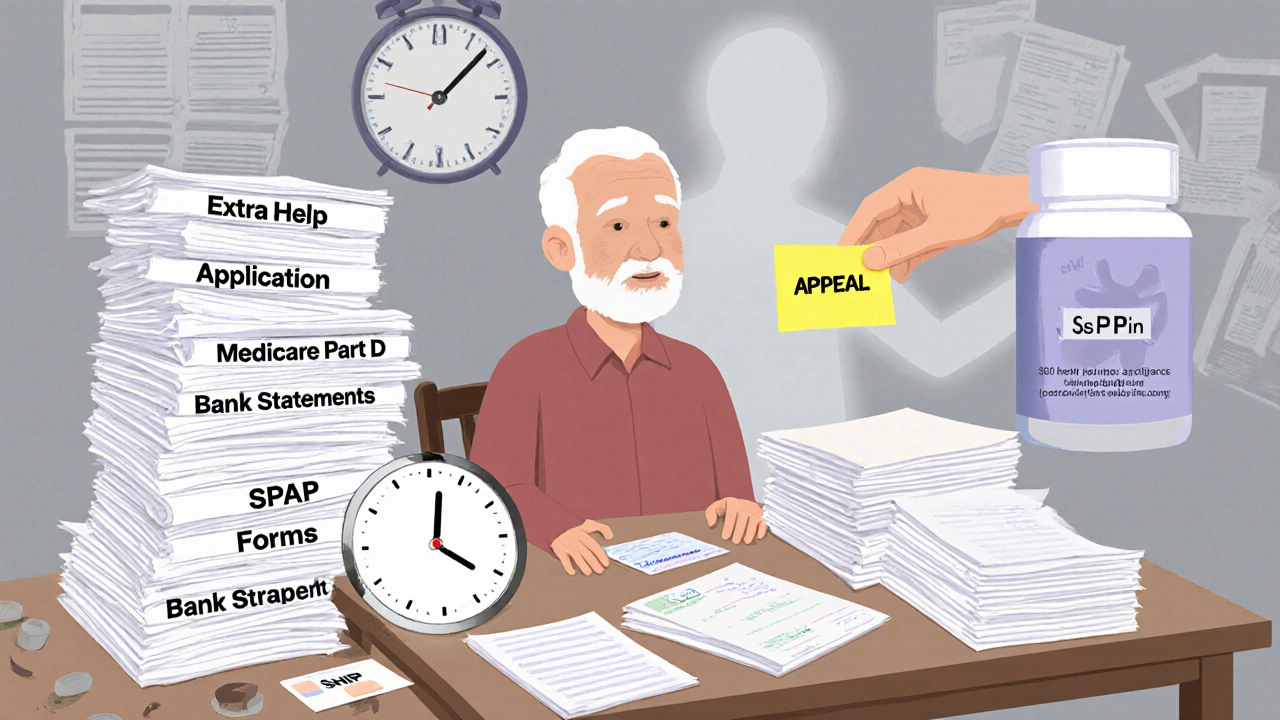 Senior surrounded by paperwork and a fading pill bottle, with a SHIP counselor’s card in hand.