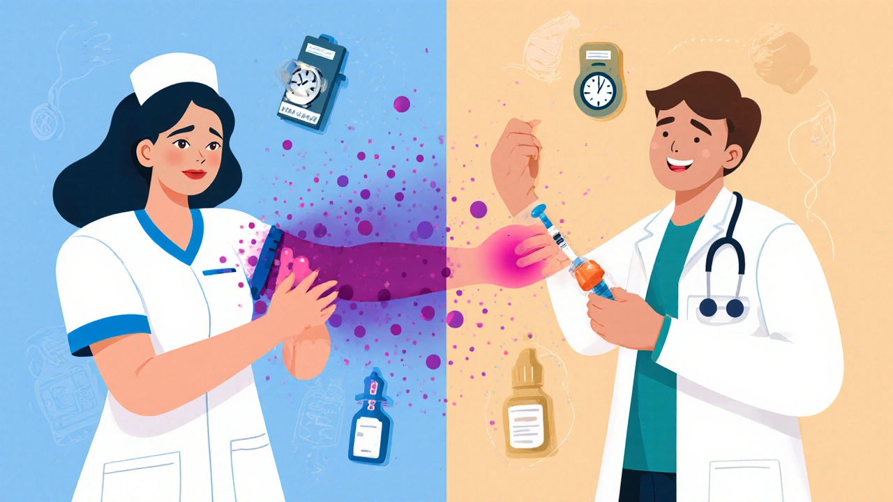 Side-by-side comparison of bad vs. good vaccine technique for blood thinner patients