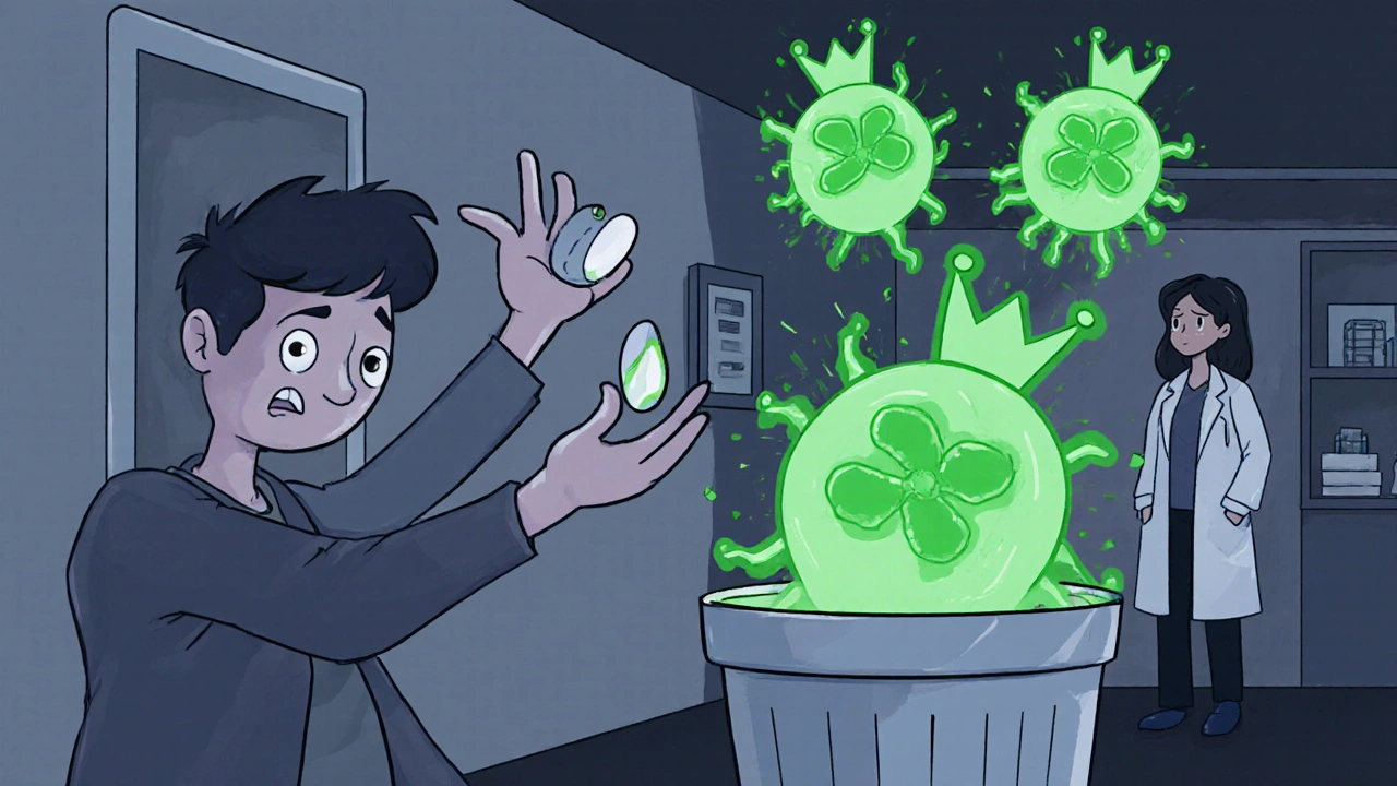 Someone discarding antibiotics while dangerous superbugs emerge from the trash in a stylized medical scene.