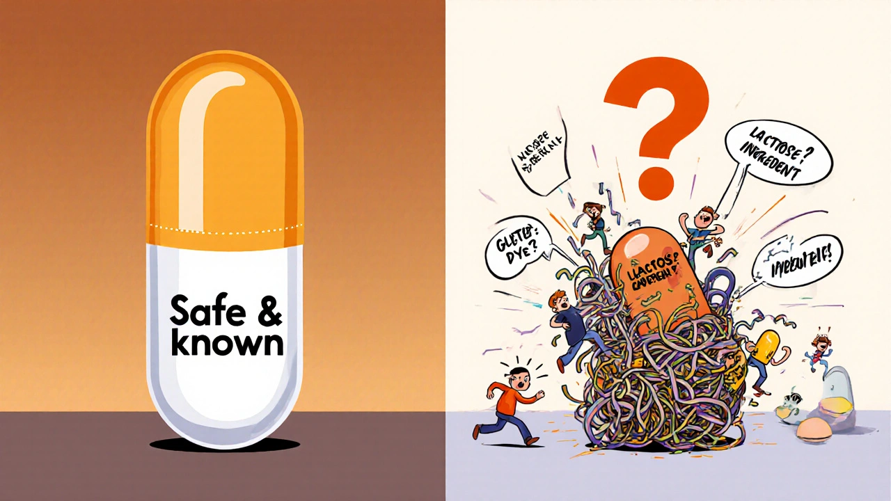 Split illustration comparing simple brand-name pill fillers to chaotic generic pill ingredients with warning symbols.