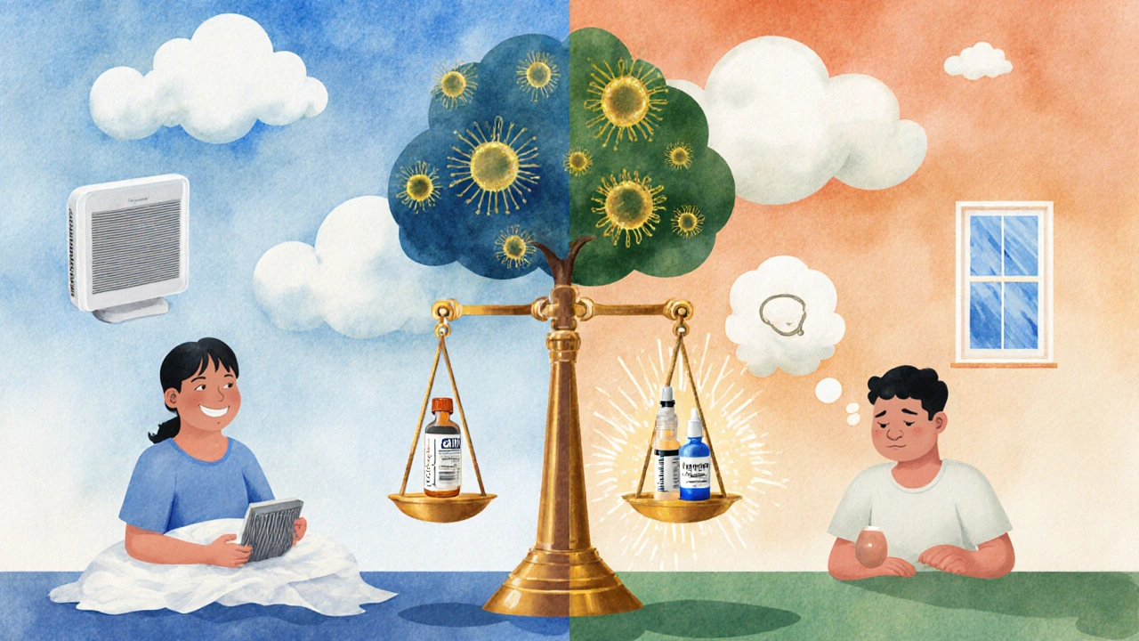 Split scene: healthy habits on one side, ineffective high-dose pills on the other, with immunotherapy tools winning on a balance scale.