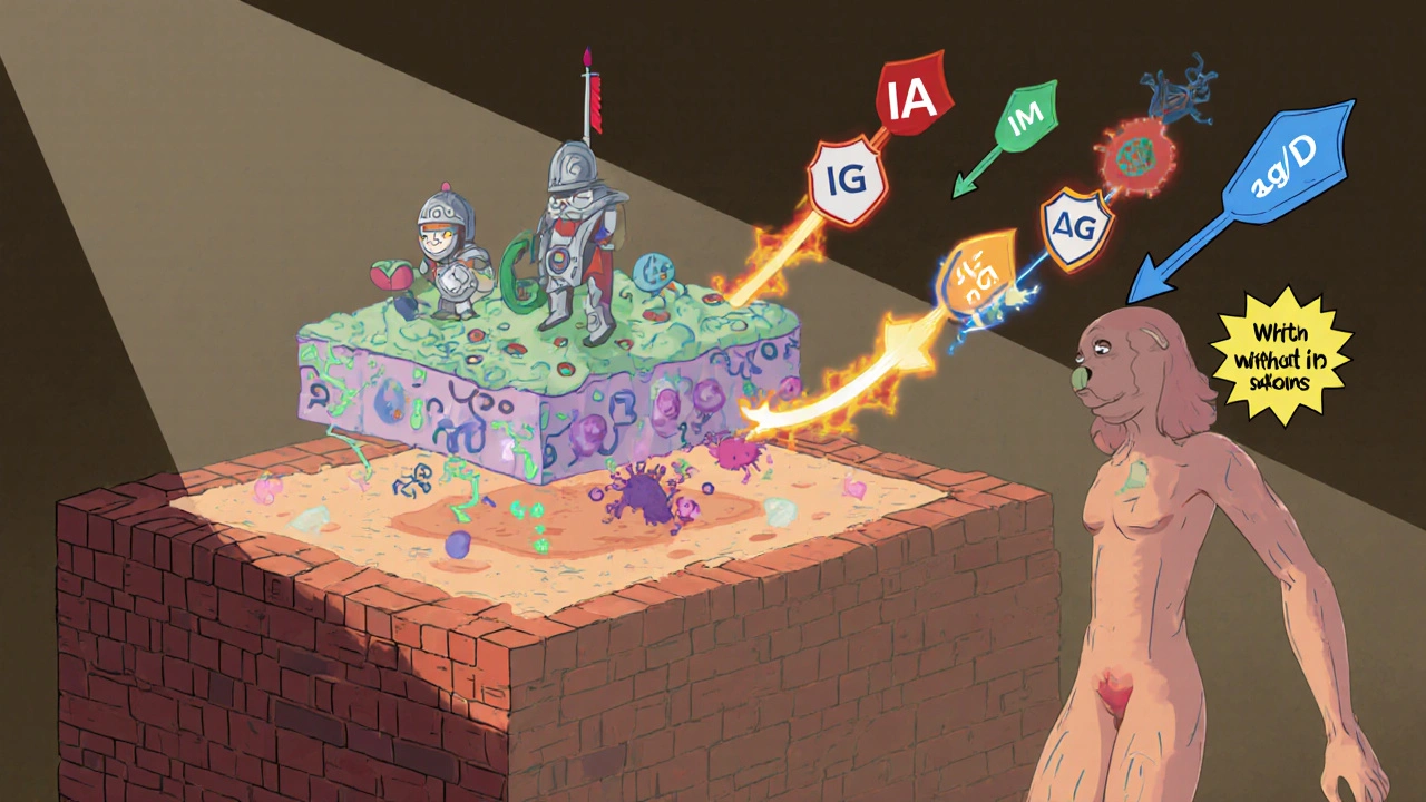 Transparent human body showing three immune layers, with weak IgG antibody arrow labeled for a 7-year-old child.