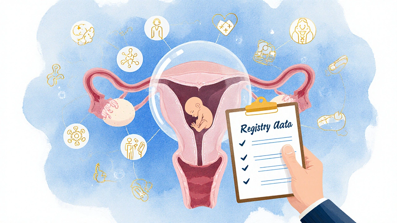 Transparent uterus with fetal silhouette surrounded by floating drug icons and a hand holding a registry clipboard, illustrated in soft watercolor style.
