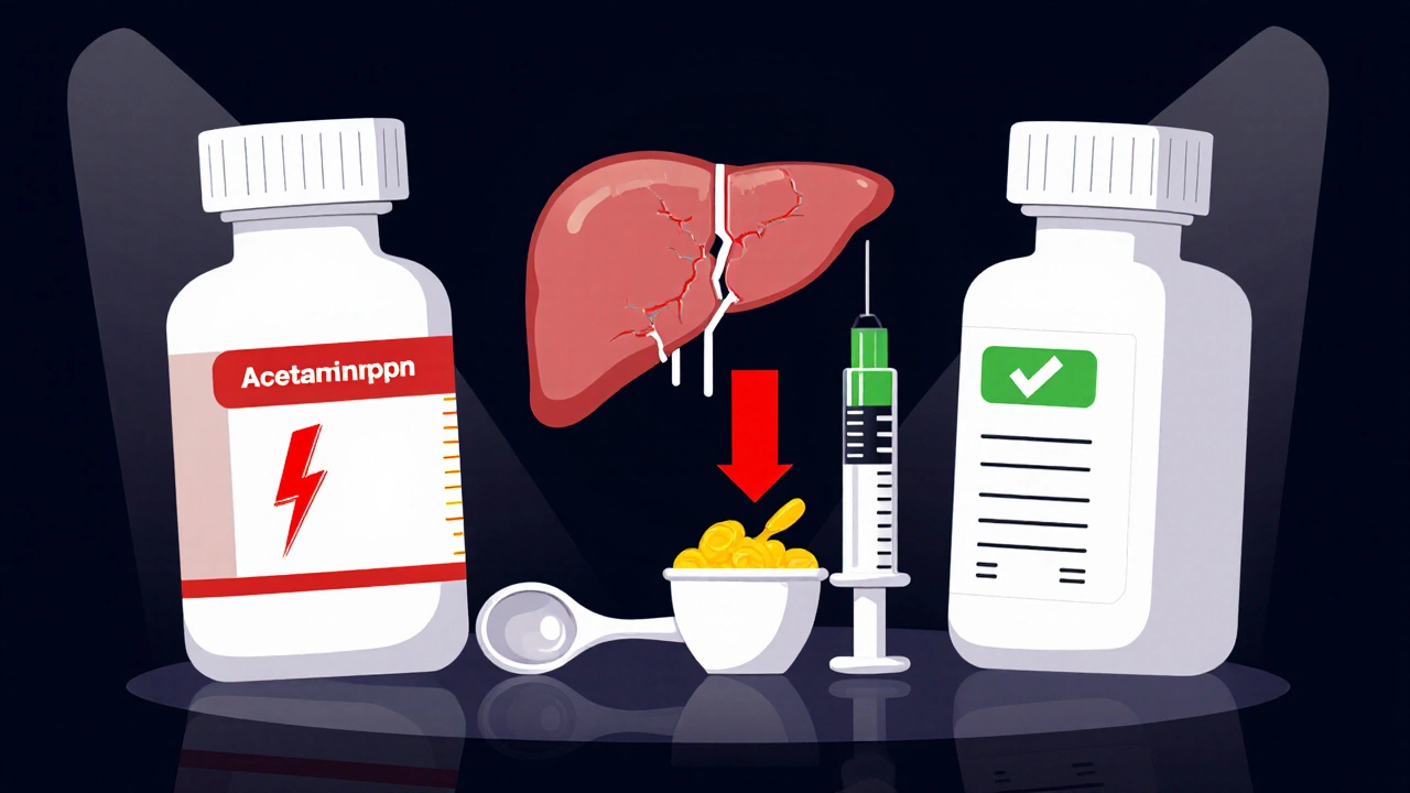 Two medicine bottles connected by a red lightning bolt showing dangerous duplicate ingredients.