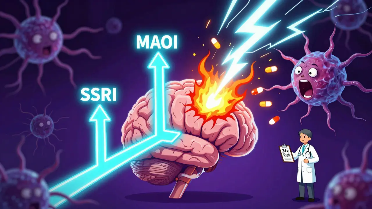 A brain under serotonin storm from clashing antidepressants, with lightning and fever effects.