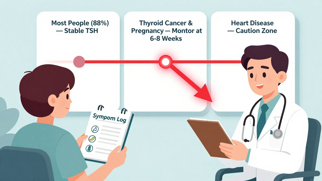 A doctor&#039;s office with a patient tracking symptoms, and a wall showing three timelines for different patient groups needing TSH monitoring after a switch.