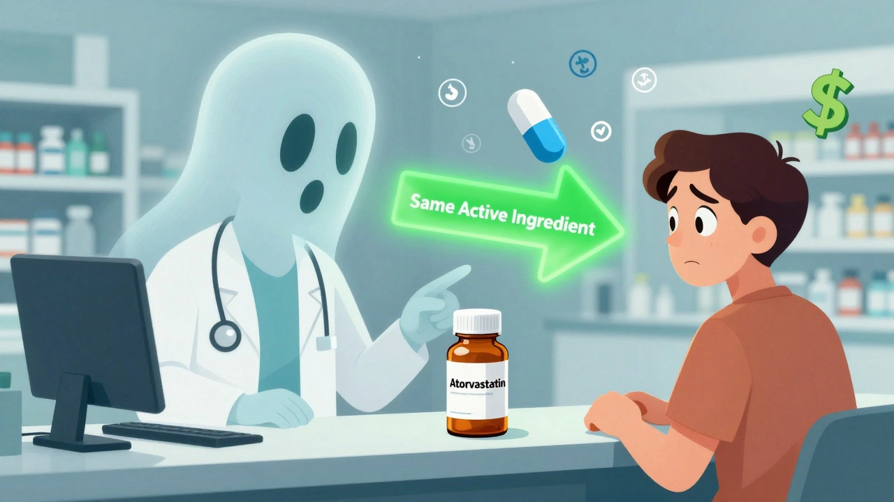 A doctor points to a generic pill bottle at a pharmacy counter while a patient looks skeptical, with dollar signs and medical icons around them.