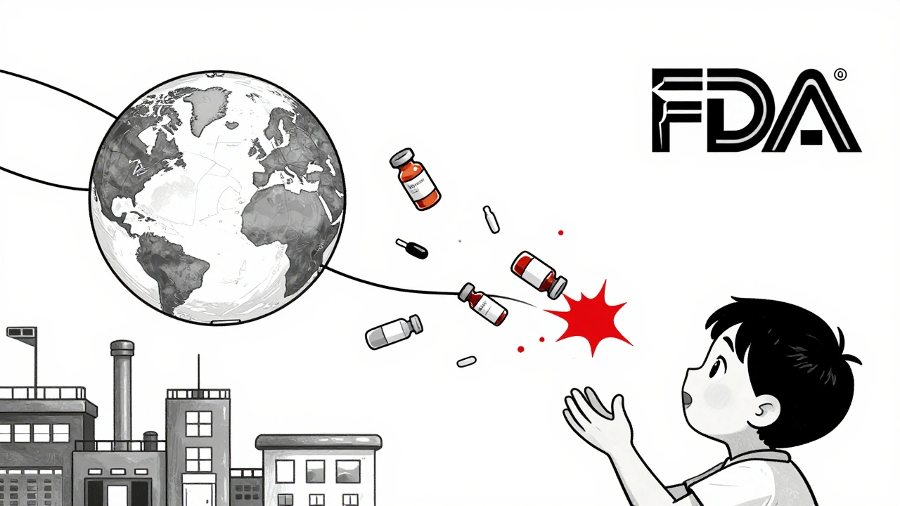 A global drug supply chain snaps mid-air, vials falling as a child reaches up, symbolizing systemic failure.
