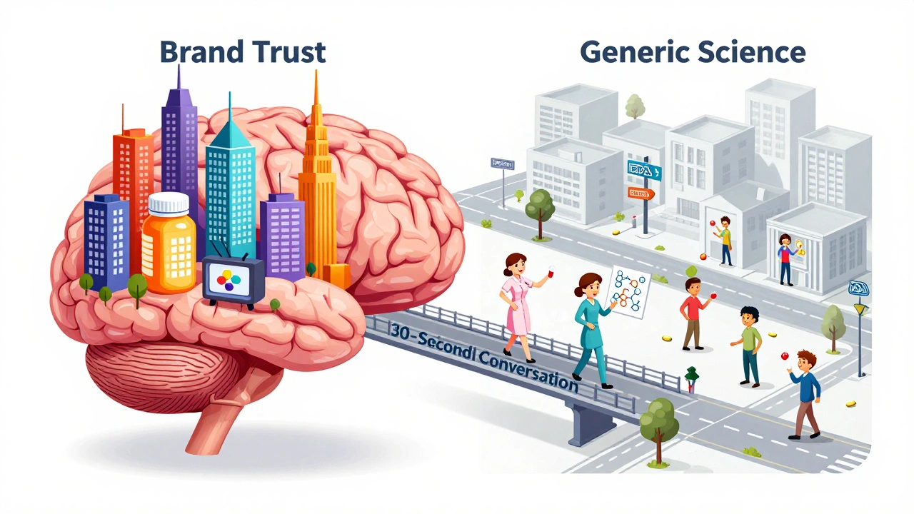 A human brain depicted as two contrasting landscapes — one chaotic with brand ads, the other calm with science symbols, connected by a bridge.