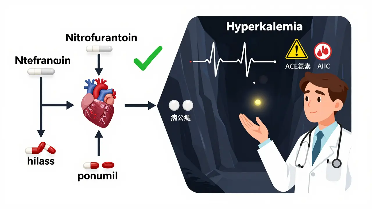 A medical decision tree: one path leads to a healthy heart, the other to a dark canyon labeled hyperkalemia.