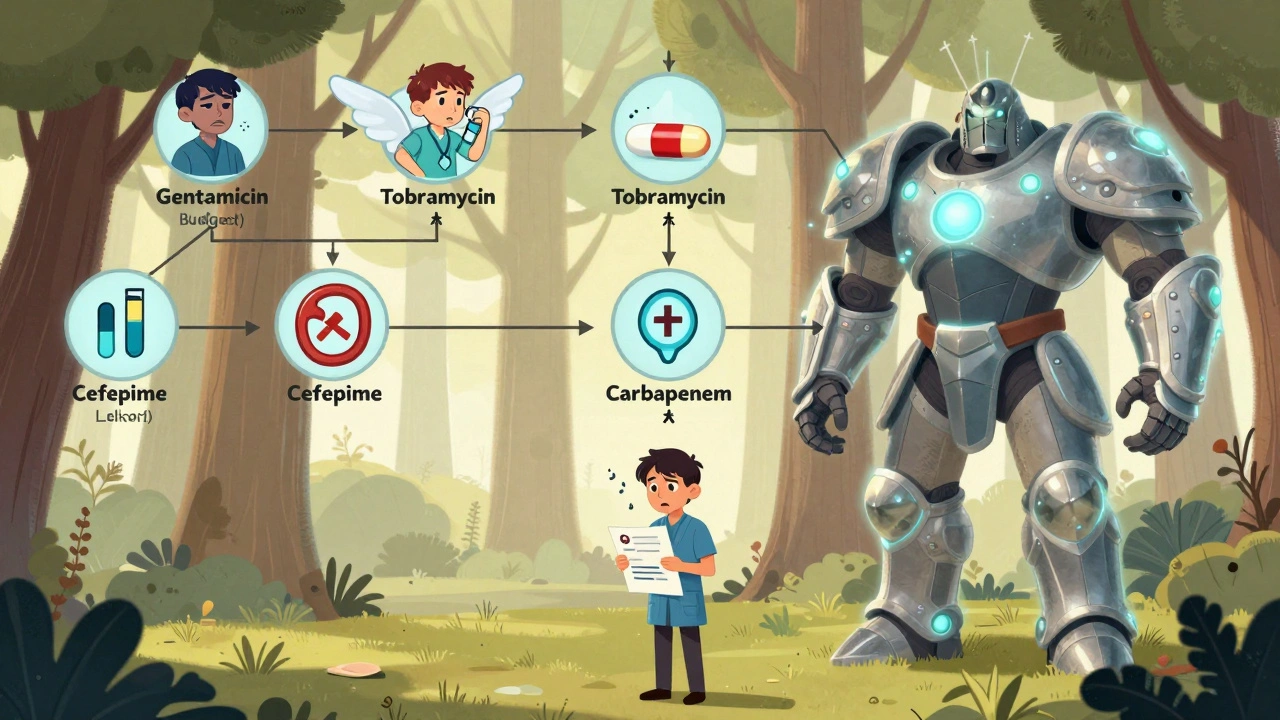 A medical decision tree with different antibiotics as warriors, chosen by a patient holding a lab report.
