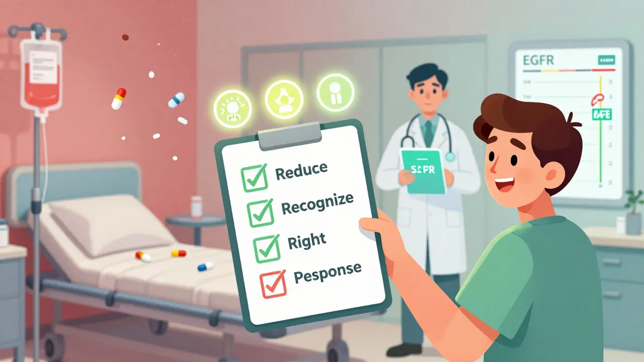 A patient holding a checklist with glowing Three Rs icons, contrasting chaotic and safe medical scenes.