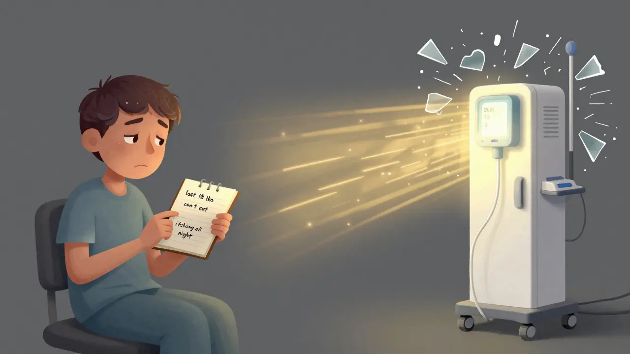 A patient holding a symptom journal on one side, with dialysis light breaking through on the other, lab values shattering behind.