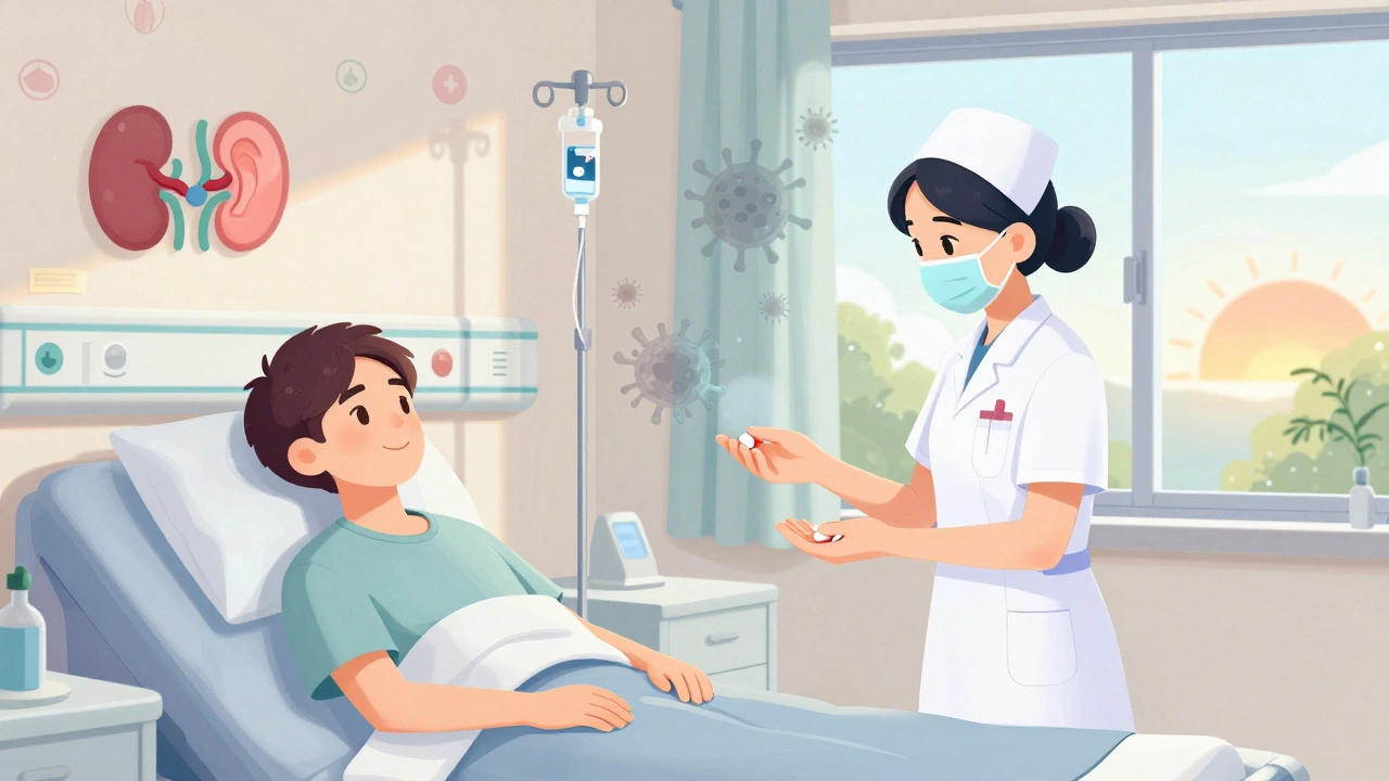 A patient transitioning from IV amikacin to oral antibiotic in a peaceful hospital room at sunrise.