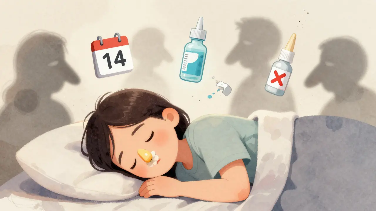 A person sleeping peacefully as their nose heals, with symbols of recovery like saline, steroid spray, and a broken decongestant bottle.