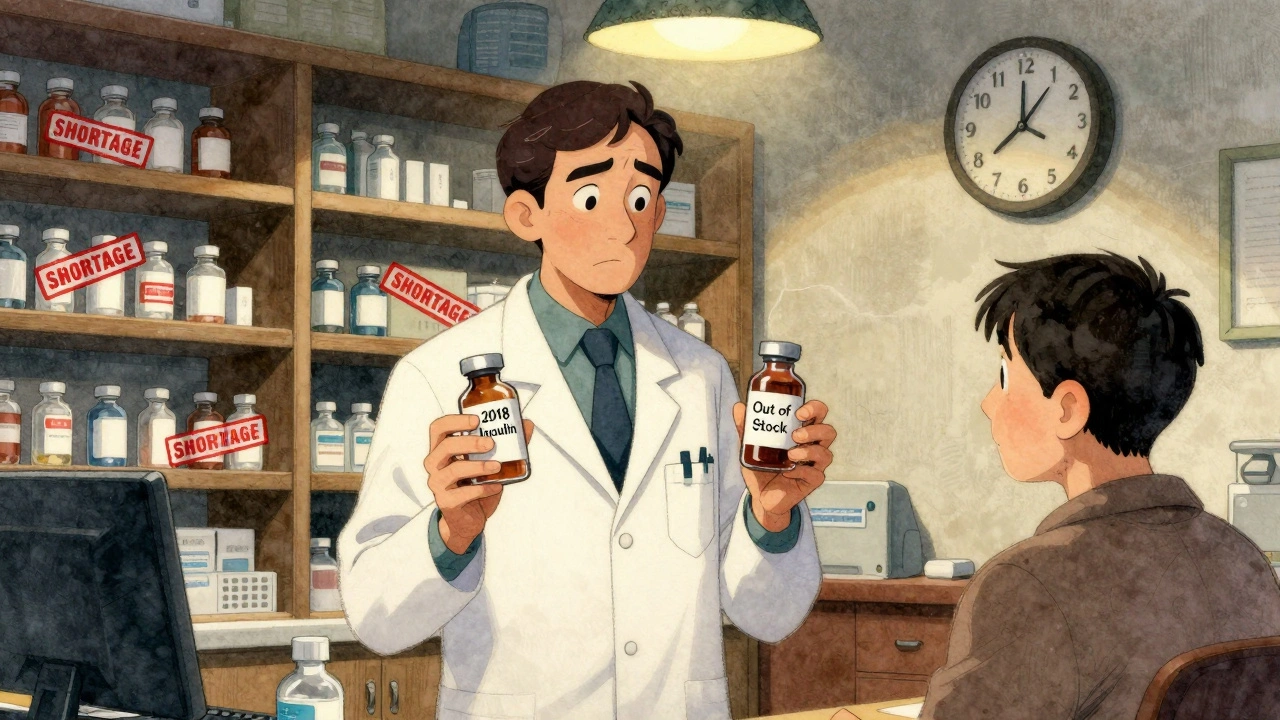 A pharmacist holds an old insulin vial while a patient looks on, surrounded by shelves marked &#039;Shortage&#039; in a dim pharmacy.