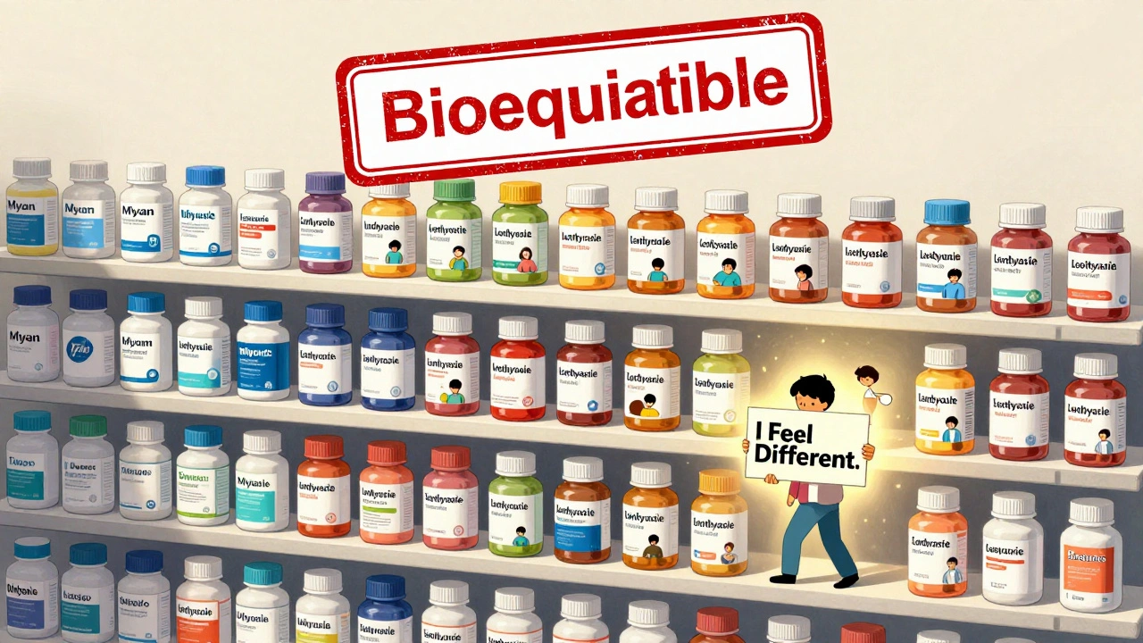 A pharmacy shelf with levothyroxine brands, each containing a tiny patient; most are calm, but a small group are stepping out with warning signs.