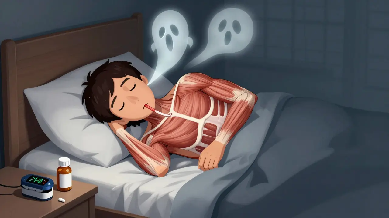 A sleeping person with collapsed airway and dropping oxygen levels, no snoring, opioids on nightstand.