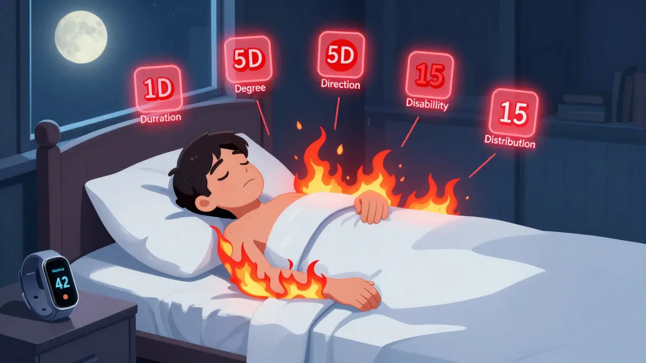 A sleepless patient surrounded by glowing itch scale icons, with a low sleep score on a Fitbit beside the bed.