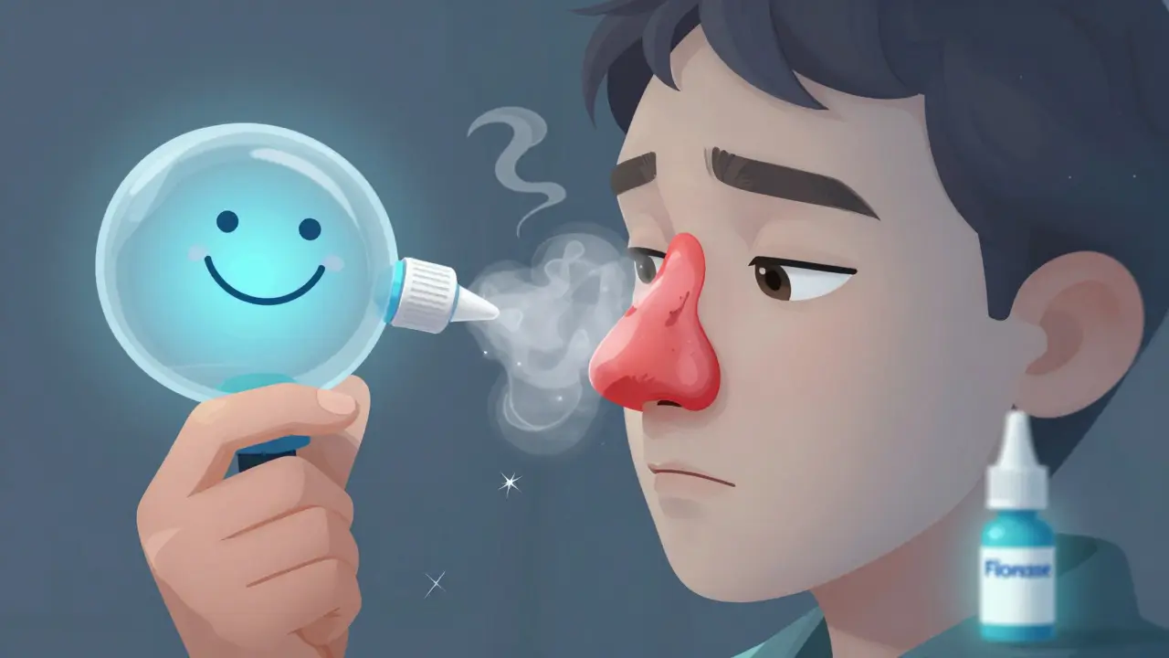 A split nose showing damage from spray overuse on one side and healing with saline on the other, in a calming illustrative style.