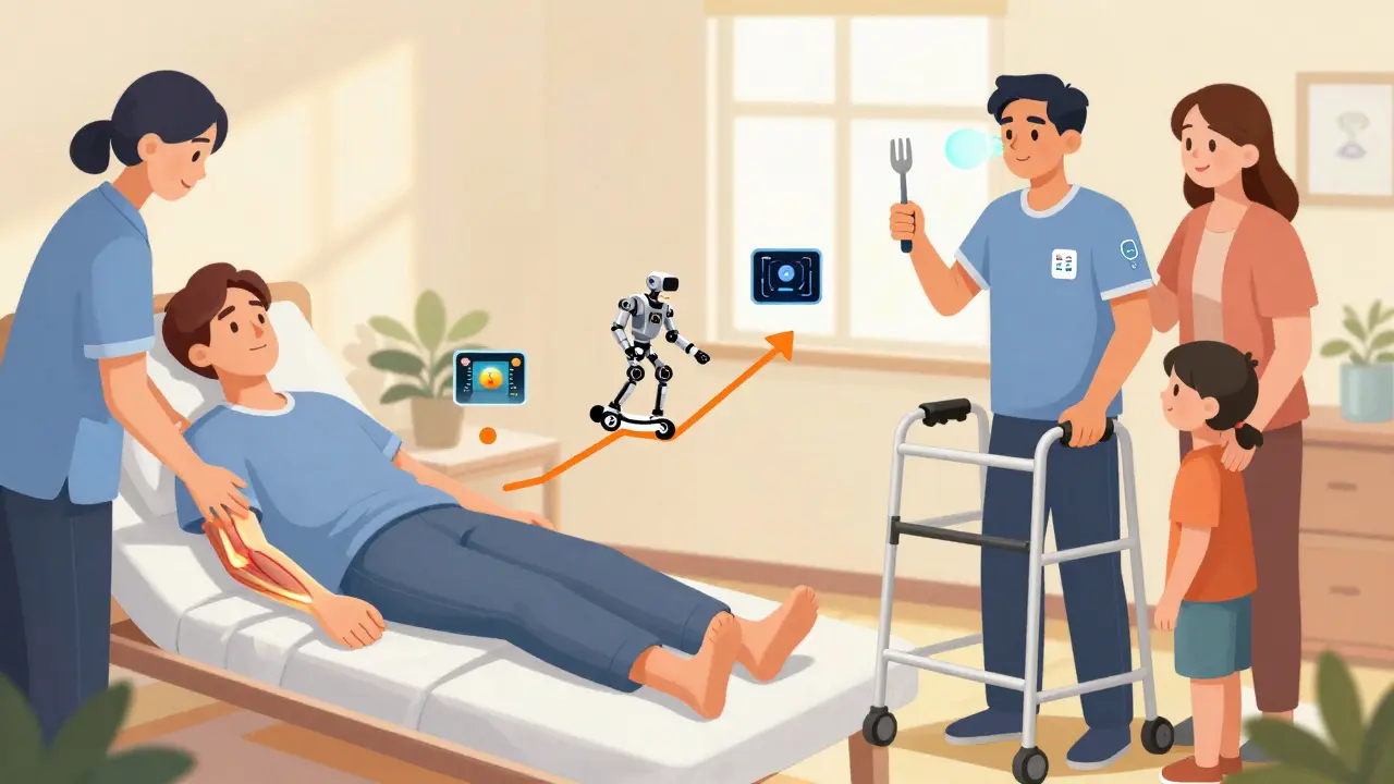 A stroke patient progressing from passive therapy to independent daily tasks with family support.