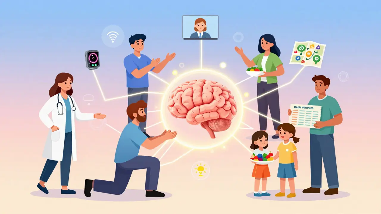 A team of therapists and family members connected by glowing lines supporting stroke recovery.