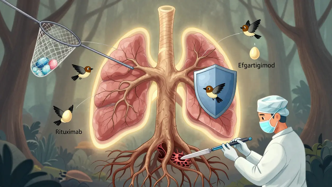 A thymus gland depicted as a tree root system with B-cells and targeted immunotherapies blocking antibody production.
