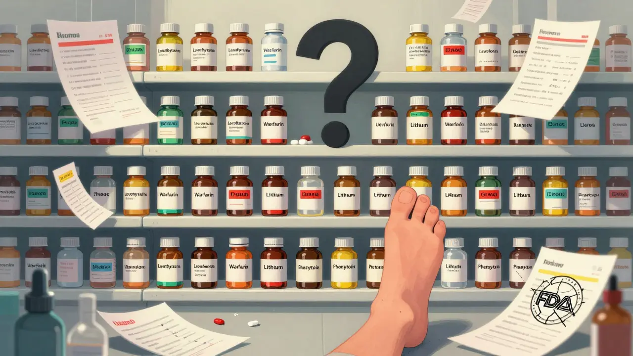 Chaos of pill bottles with state law tags, patient stepping in, floating medical charts and cracked FDA seal