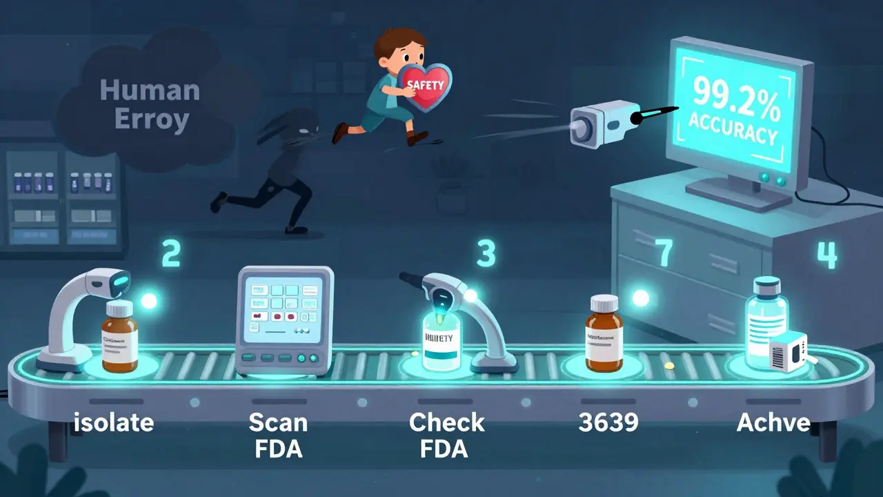 Conveyor belt showing seven-step medication clearance process in a pharmacy, with AI scanner defeating a dark 'Human Error' cloud.