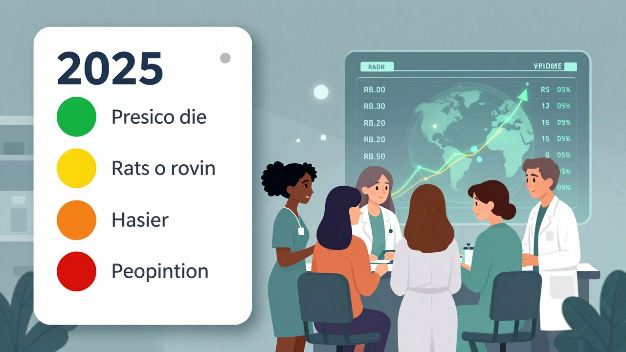 Diverse women consulting pharmacist with 2025 traffic-light drug risk icons and growing registry data.