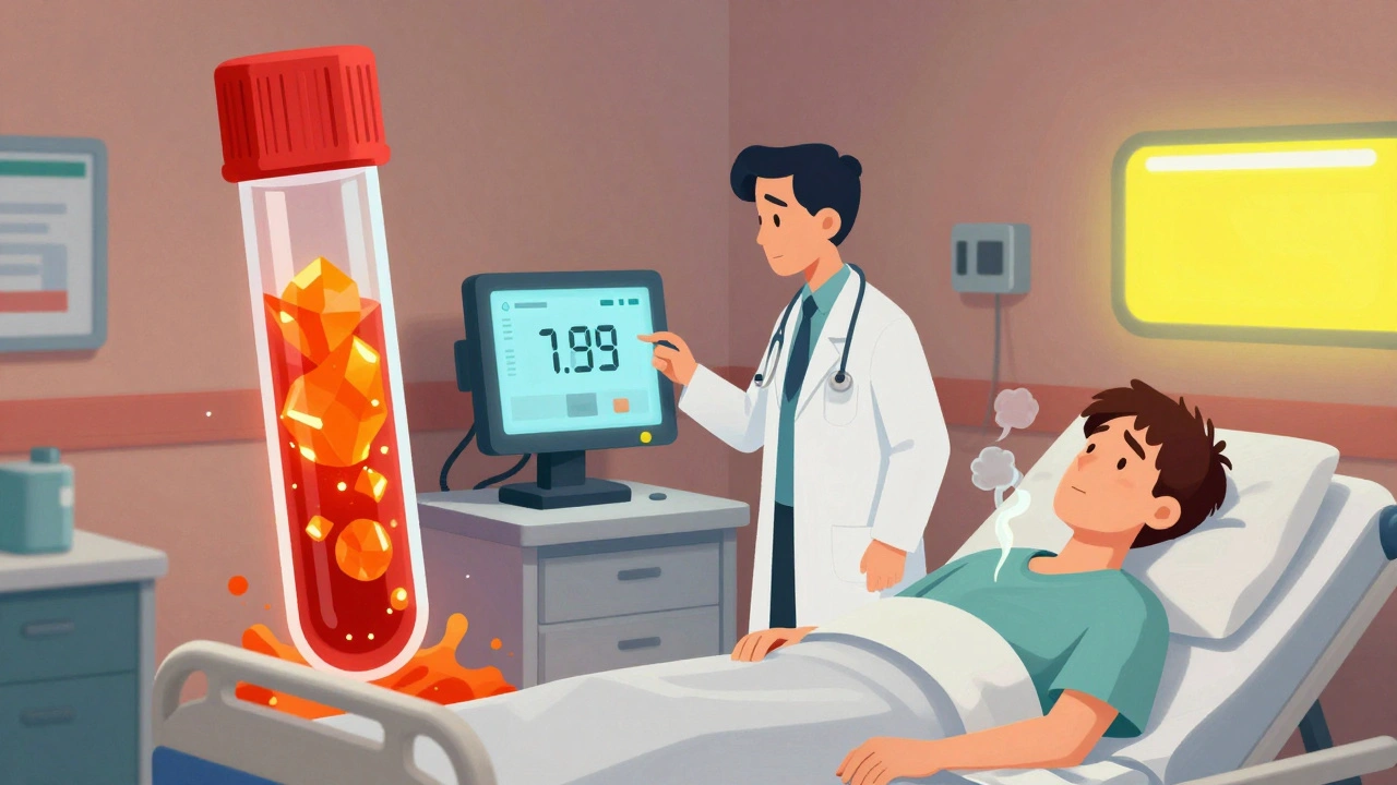 Doctor examining normal glucose monitor while blood test overflows with glowing ketone crystals.